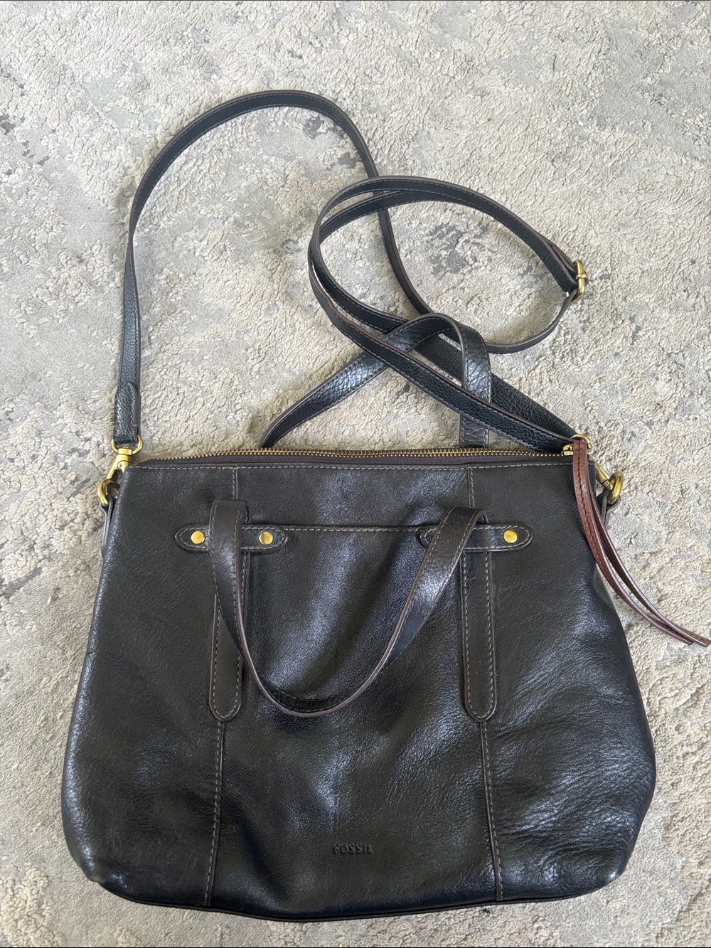Fossil Black Leather Convertible Crossbody Satchel